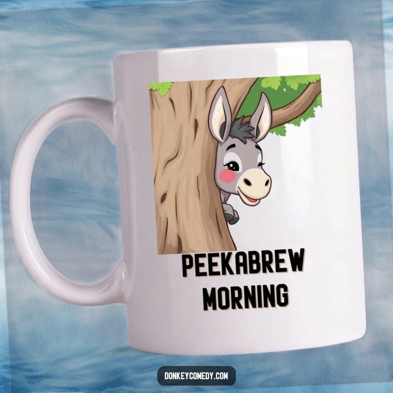 Funny donkey mug showing a donkey playfully peeking around a tree, giving a mischievous wink to add a touch of humor.