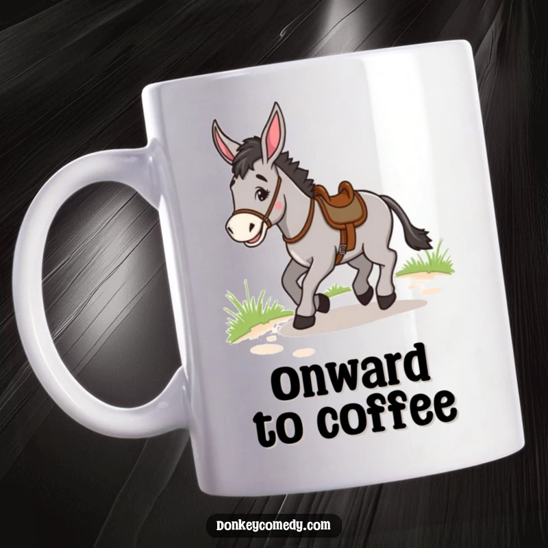Funny Donkey Trotting Mug: A donkey in a saddle joyfully trotting, inspiring funny adventures and smiles.