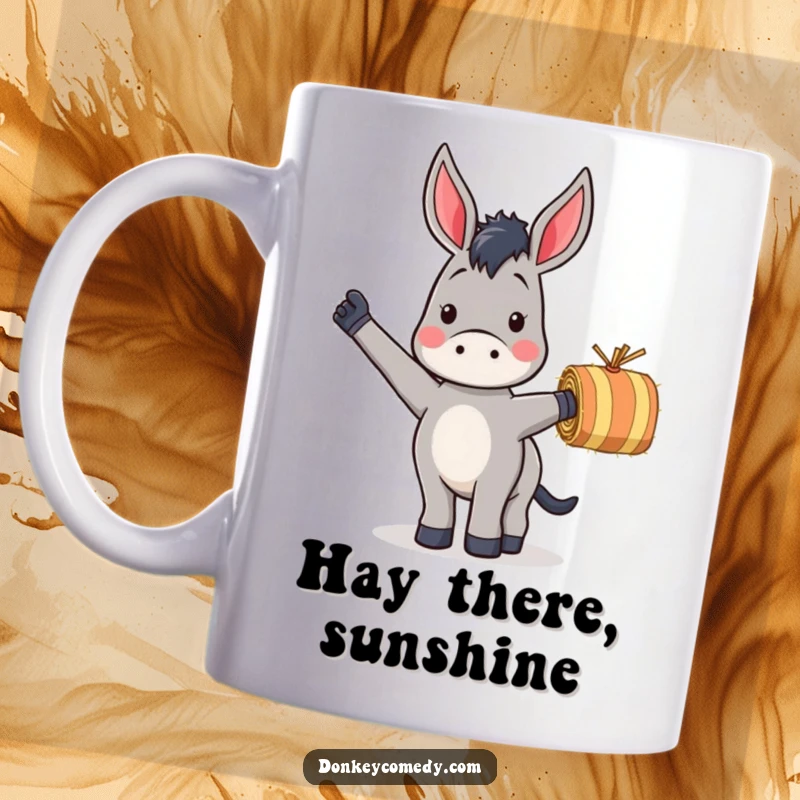 Funny mug showing a donkey excitedly waving a small, striped hay bale, embodying farm fun and joy.