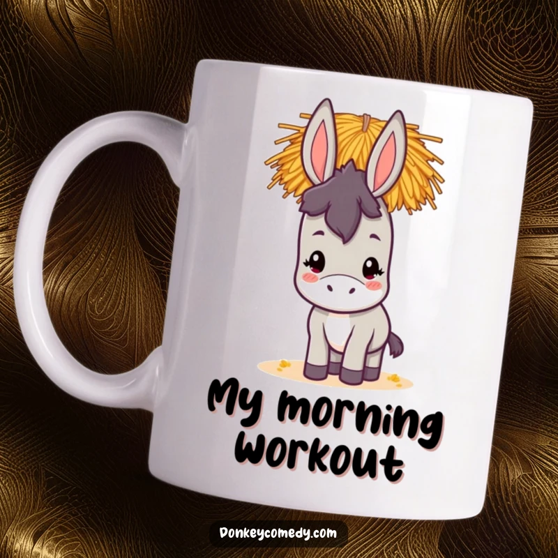 Funny kawaii donkey mug showing a cute donkey balancing a tall stack of hay on its head with a determined look.