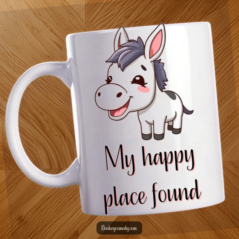 Funny Kawaii Donkey Braying Mug: A joyful donkey with perked ears and a happy bray, spreading laughter and cheer as a delightful gift.