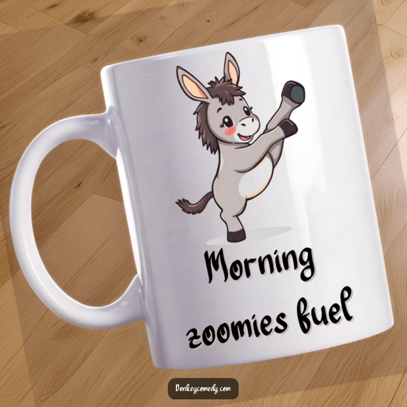 Funny Kawaii Donkey Kicking Mug: A cute donkey joyfully kicking its legs in the air, capturing a moment of pure, hilarious fun.