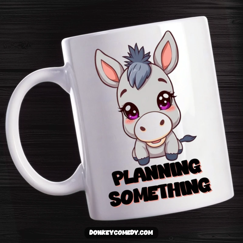 Funny Kawaii Donkey Mischief Mug: A cute donkey with a mischievous twinkle in its eyes, plotting fun with every sip.