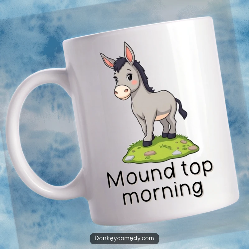 Funny proud donkey standing tall on a small grassy mound, looking content, on a mug, a hilarious gift.