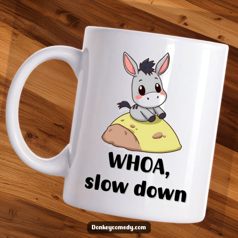 Funny donkey mug, sliding down a small hill with a wide-eyed surprised face, capturing a moment of comical descent.