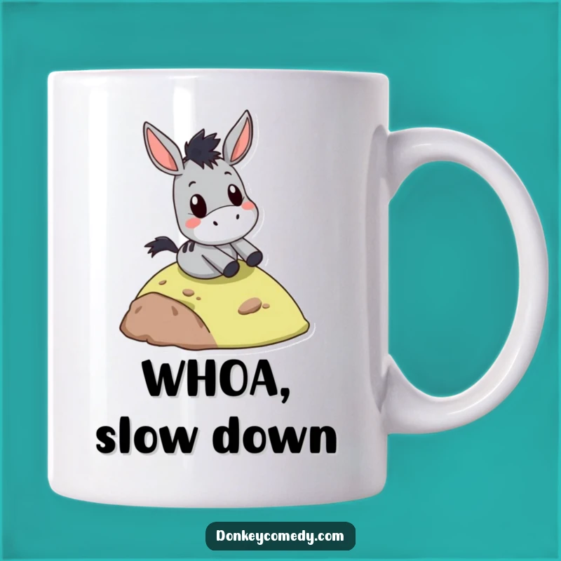 Funny surprised donkey slide mug, a hilarious gift for thrill-seekers, featuring a donkey mid-slide with shock.