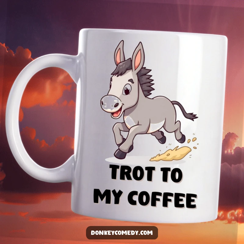 Funny Donkey Mug showing a donkey with a happy, determined trot, kicking up dust with joyful energy and purpose.