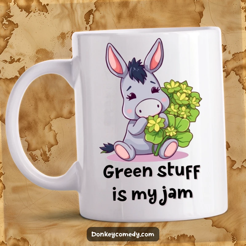 Funny mug featuring a donkey playfully nibbling a huge, vibrant green clover with a look of pure bliss.