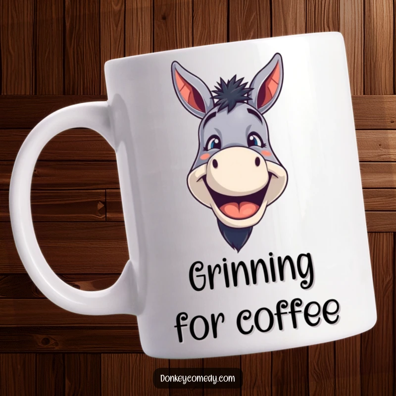 Funny Donkey Mug featuring a donkey with a wide, toothy grin, expressing pure, unadulterated, funny joy and happiness.