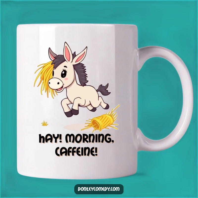 Funny Donkey Bounding Hay Mug, Enthusiastic Humorous Gift