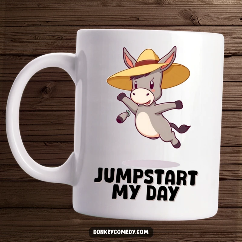 Funny bouncy donkey wearing a straw hat, jumping joyfully, on a mug, a hilarious gift.