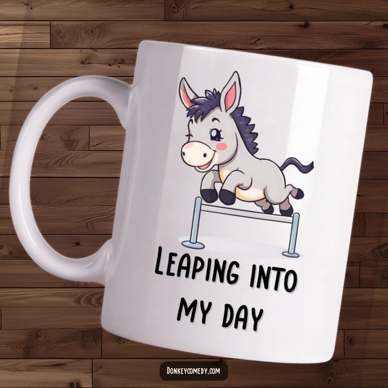 Funny mug featuring a donkey joyfully leaping over a small hurdle with immense enthusiasm and a wide grin.