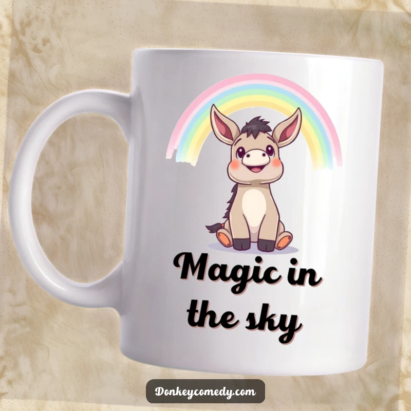 Funny donkey looking up with wide eyes in wonder at a beautiful rainbow arching overhead, inspirational coffee mug.