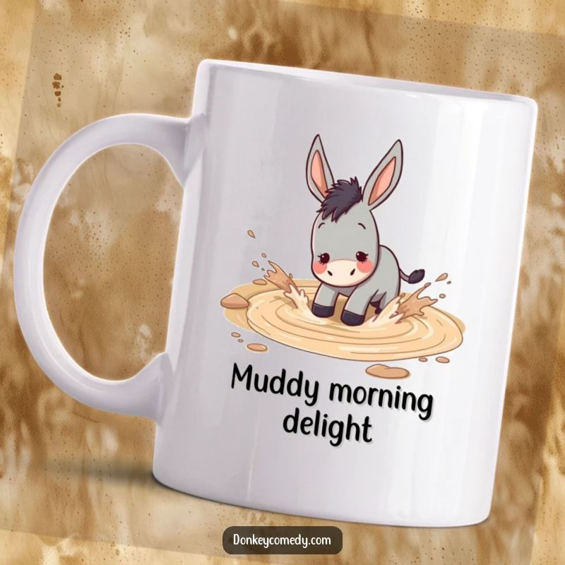 Funny donkey gleefully splashing water and mud in a large muddy puddle, humorous and energetic coffee mug.