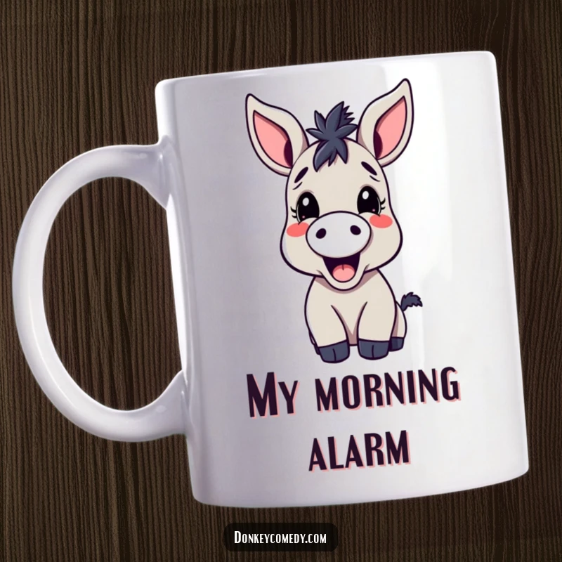 Funny kawaii donkey mug with big ears joyfully braying, capturing a moment of pure, unadulterated cartoon happiness.