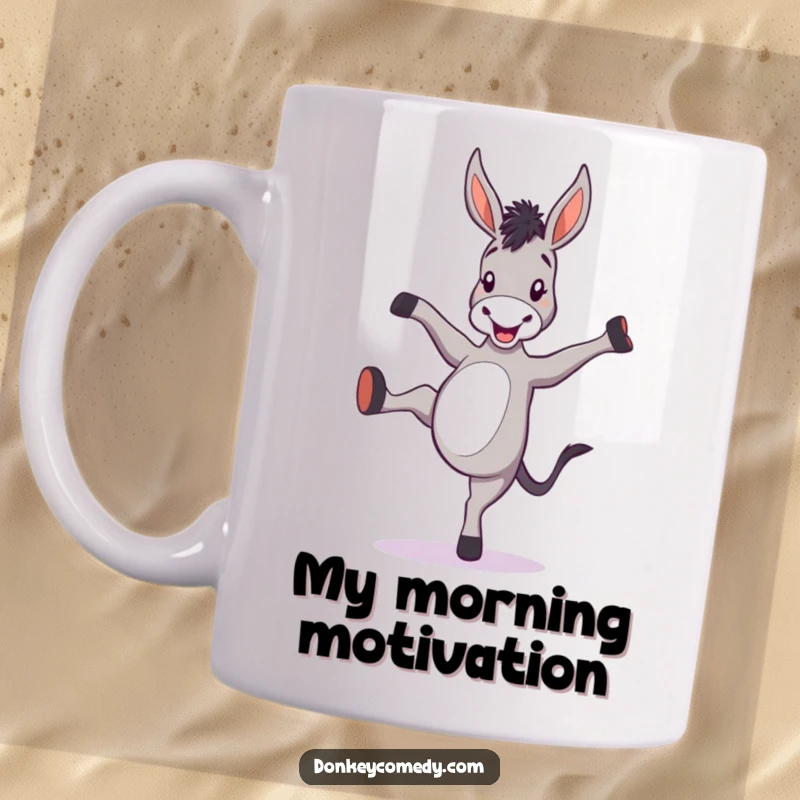 Funny donkey mug featuring a cartoon donkey gleefully kicking its hind legs high in the air with a joyful expression.