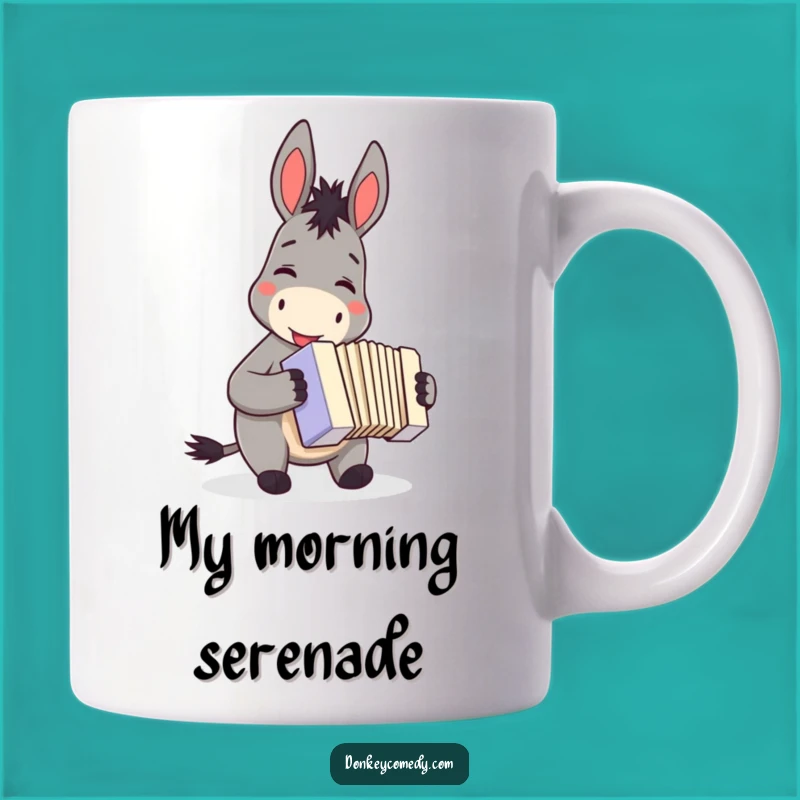 Funny smiling donkey accordion mug, a musical gift for joy-seekers, featuring a happy donkey playing music.