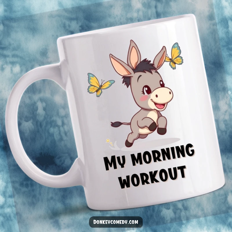 Funny mug showcasing a determined and happy donkey enthusiastically chasing a delicate butterfly in a whimsical outdoor scene.