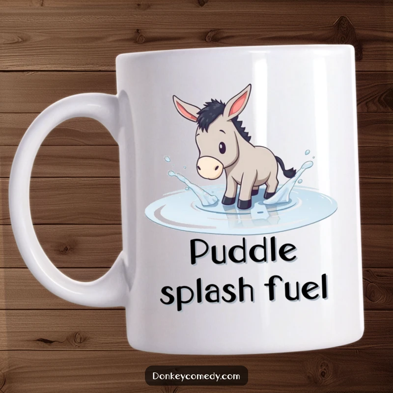Funny mug showing a donkey gleefully splashing and playing in a shallow water puddle with a joyful expression.