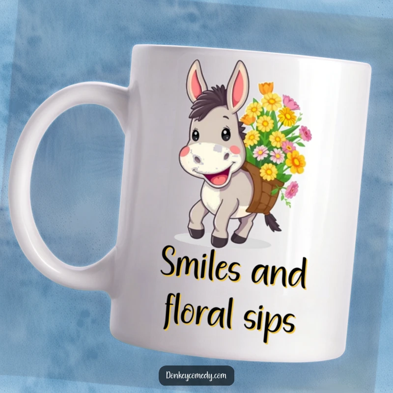 Funny mug featuring a donkey with a wide, cheerful grin happily carrying a large load of colorful, vibrant flowers.