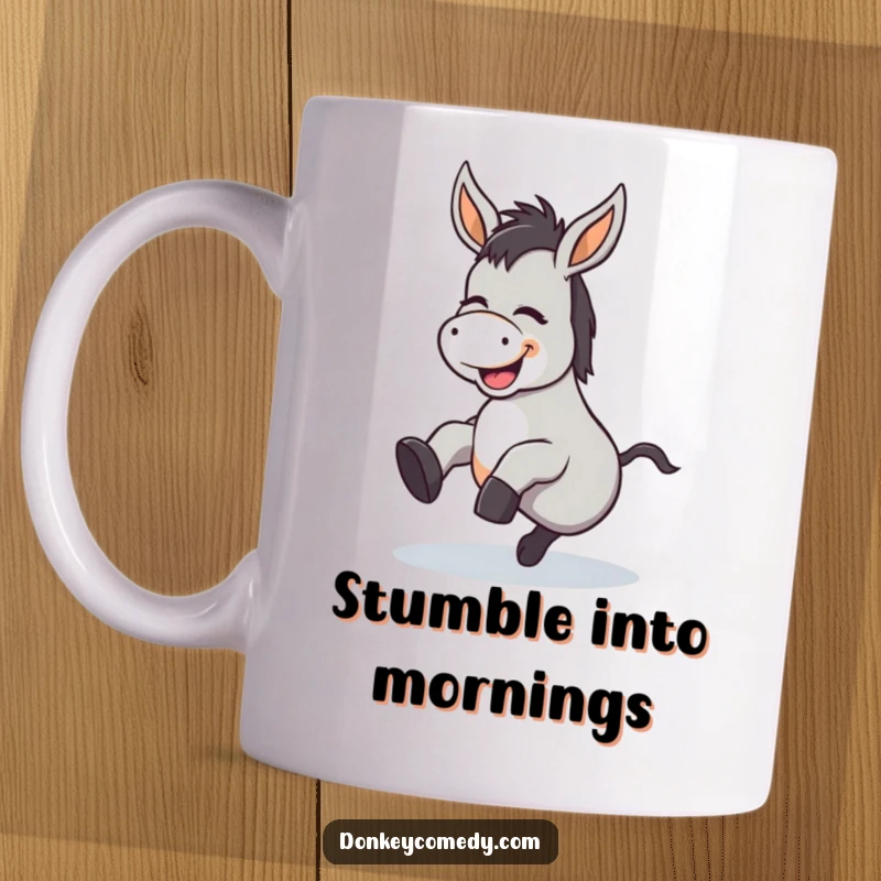 Funny Kawaii Donkey Tripping Mug: A cute donkey giggling as it trips comically over its feet, bringing laughter to your mug collection.