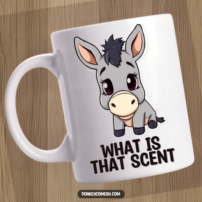 Funny mug featuring a donkey with a charming, slight head tilt, eyes wide with curiosity and innocence.