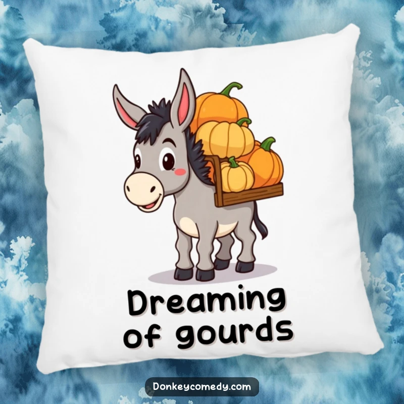 Funny Donkey Pumpkin Haul Pillow: A decorative pillow featuring a determined donkey carrying pumpkins, offering funny fall comfort.