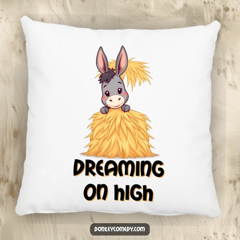 Funny Donkey Pillow featuring a donkey peeking over a tall stack of hay, offering soft, humorous comfort and a touch of mystery.