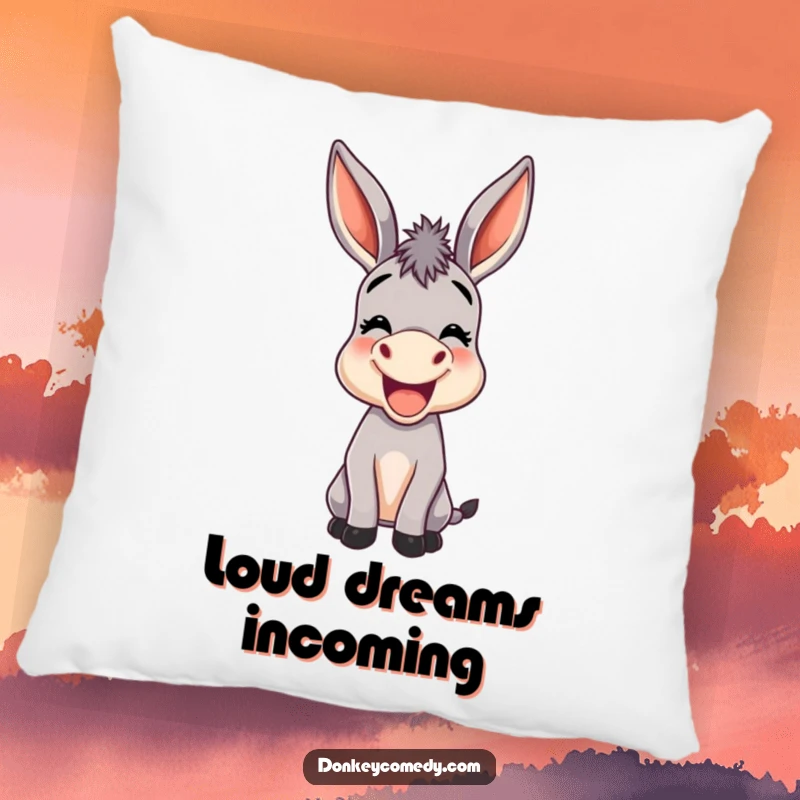 Funny pillow featuring a joyful donkey with oversized ears braying, offering comfort and donkey-themed humor.