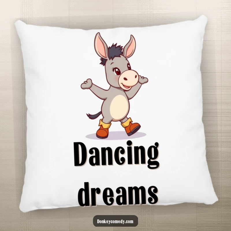 Funny pillow featuring a donkey in tiny boots doing a lively jig, adding a touch of playful decor.