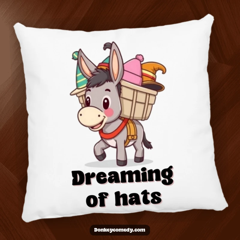 Funny pillow featuring a happy donkey loaded with funny hats, offering comfort and donkey-themed humor.