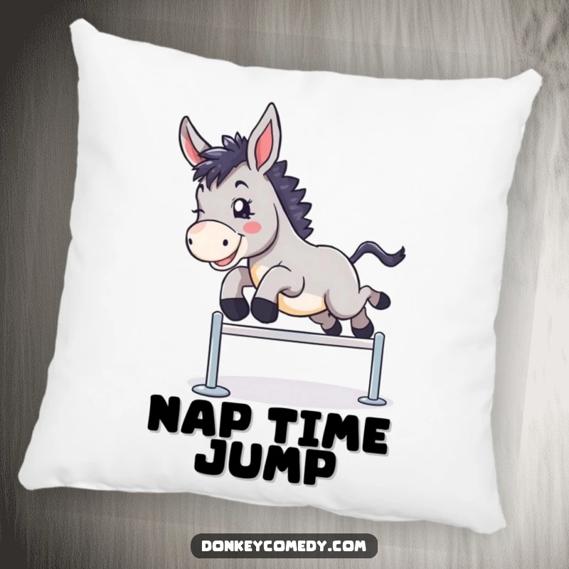 Funny pillow featuring a donkey joyfully clearing a hurdle, symbolizing achievement and adding a playful touch.