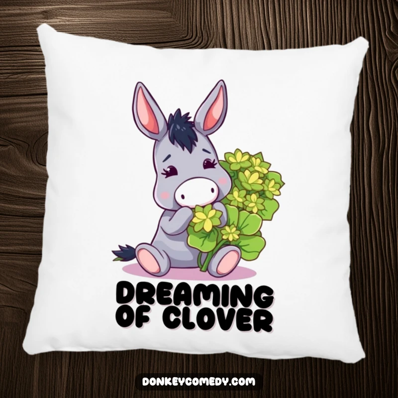 Funny pillow featuring a plush donkey happily nibbling a giant clover, perfect for adding charm to any seating area.