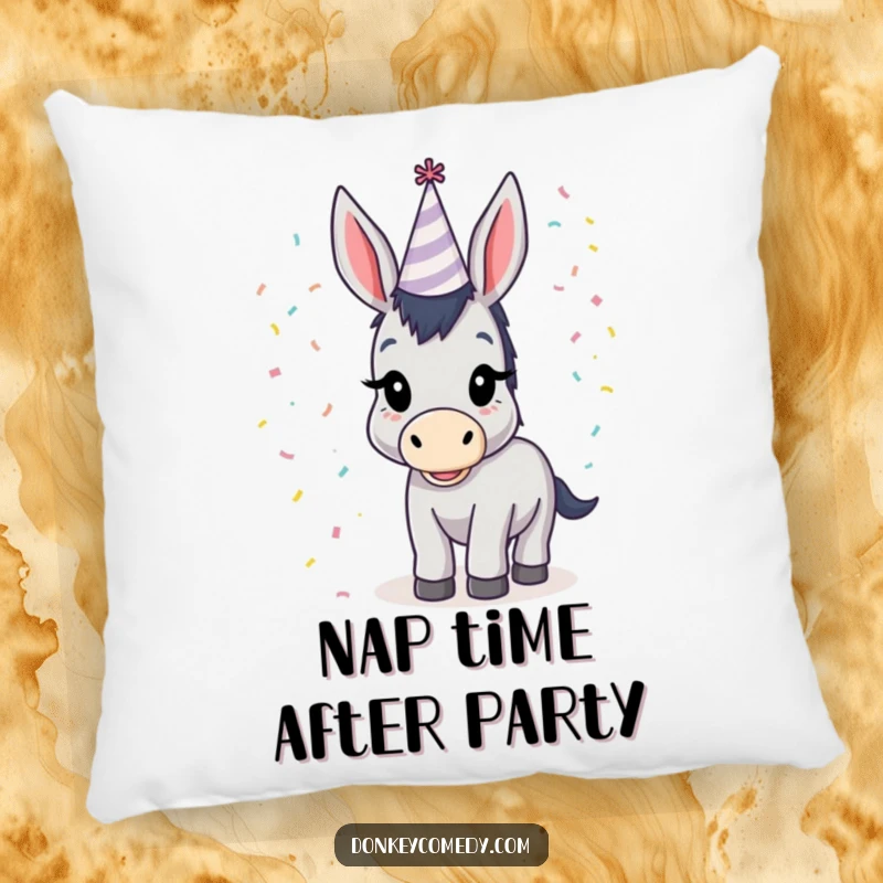 Funny donkey wearing a tiny party hat with confetti falling around it, a humorous and comfy pillow for relaxation.
