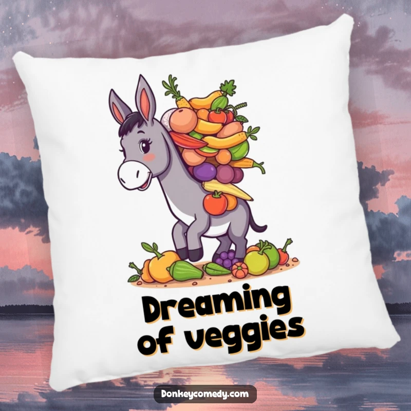 Funny donkey balancing a pile of assorted farm produce, soft, cozy, and humorous accent pillow.