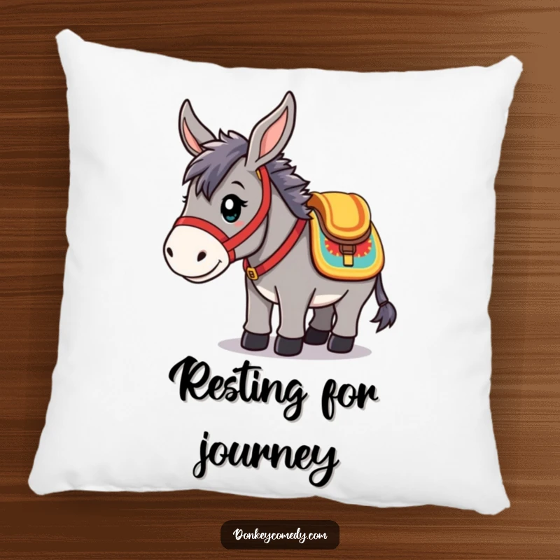 Funny Pillow featuring a kawaii donkey in a saddle, offering cozy comfort and humorous adventure-themed charm.