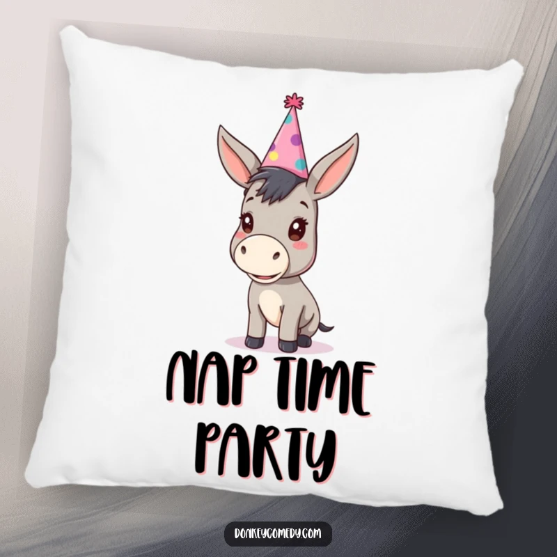 Funny kawaii donkey wearing a silly, oversized party hat featured on a soft pillow, perfect for humorous comfort.