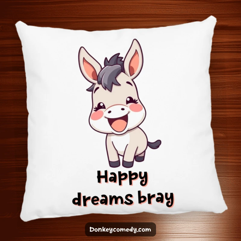 Funny kawaii donkey with perked ears, braying happily with amusement, depicted on a soft pillow.