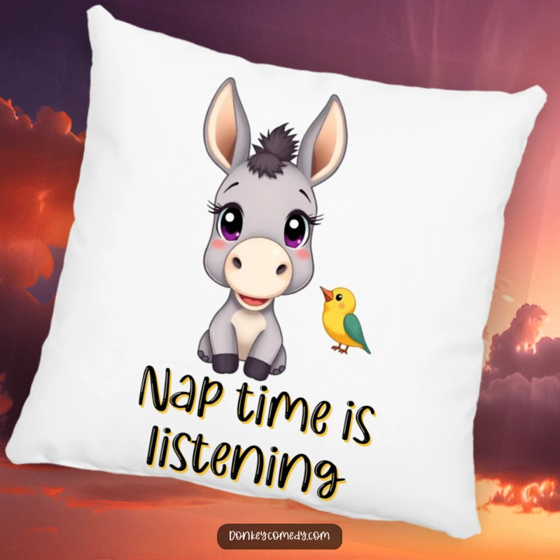 Funny pillow featuring a donkey with big, curious eyes listening to a chirping bird, offering whimsical comfort.