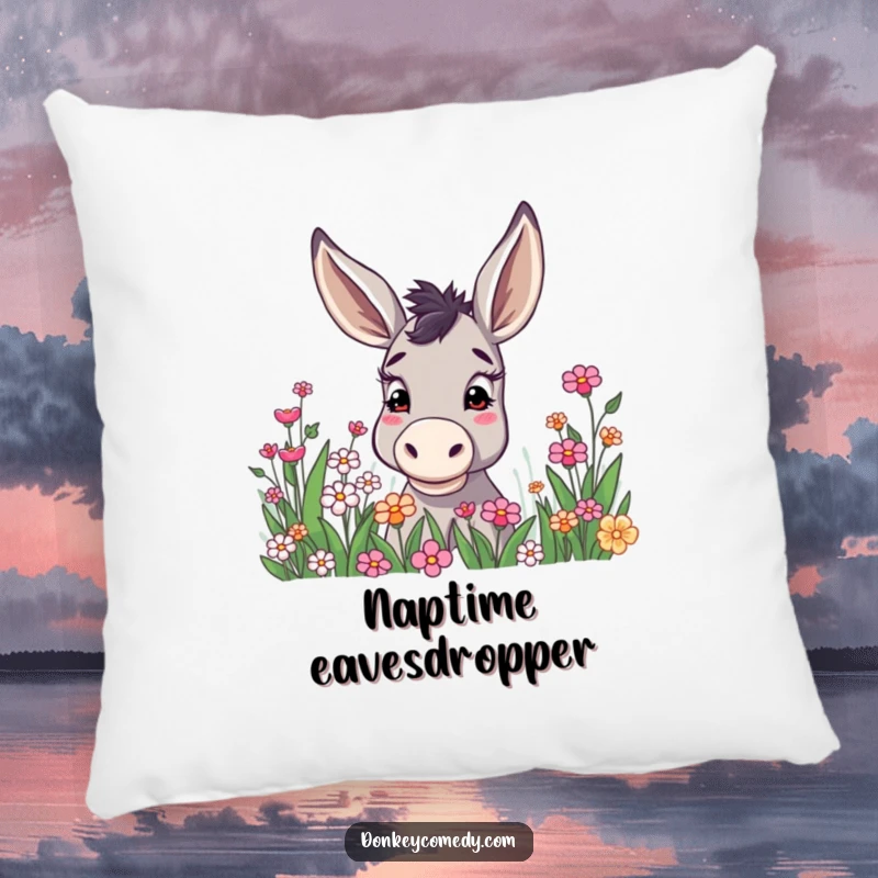 Funny donkey with prominent ears held high, curiously gazing into a sweet flower patch, resting on a soft and decorative pillow.