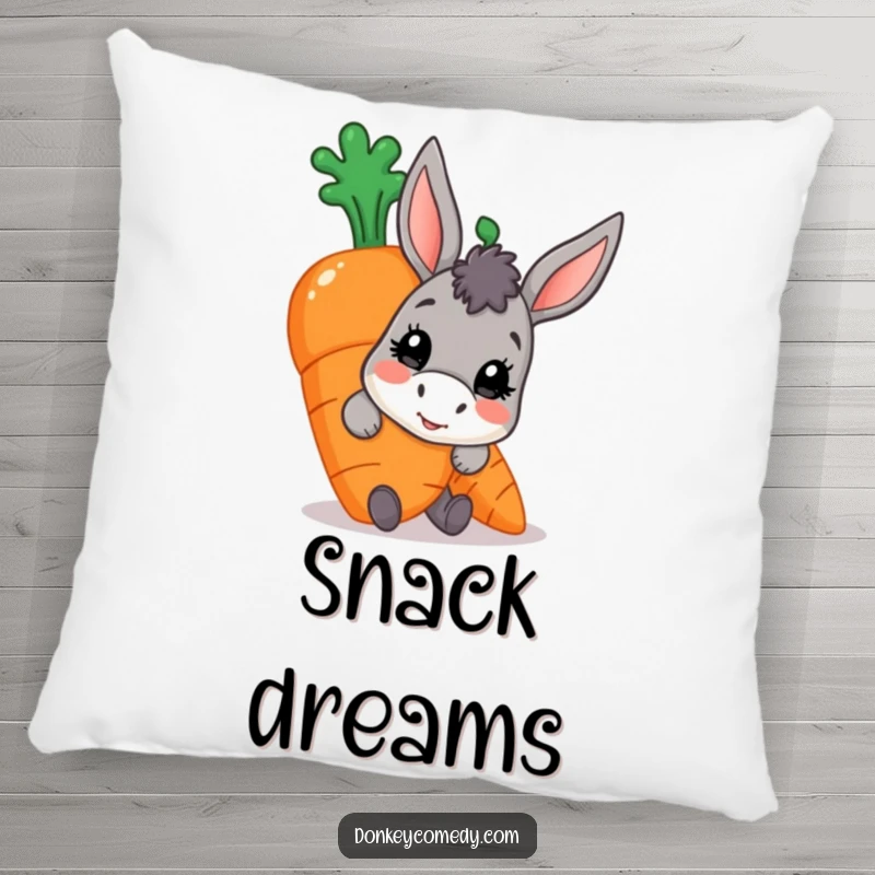 Funny donkey carrot pillow, depicting a character peeking from behind a large ripe carrot, offering soft comfort and cartoon fun.