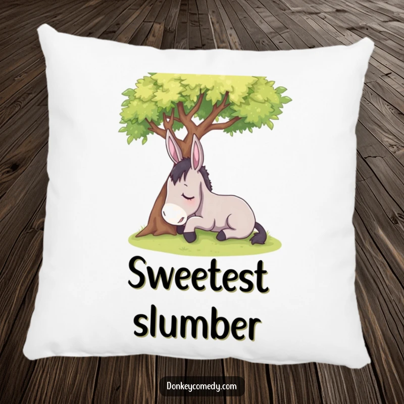 Funny sleepy donkey resting under a shady tree, on a soft, comfortable pillow, a humorous decorative gift.