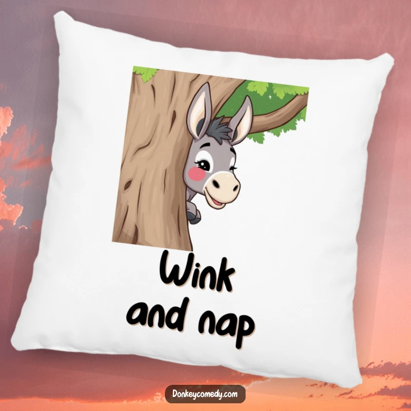 Funny donkey pillow featuring a donkey playfully peeking around a tree with a mischievous wink, adding a touch of humor to comfort.
