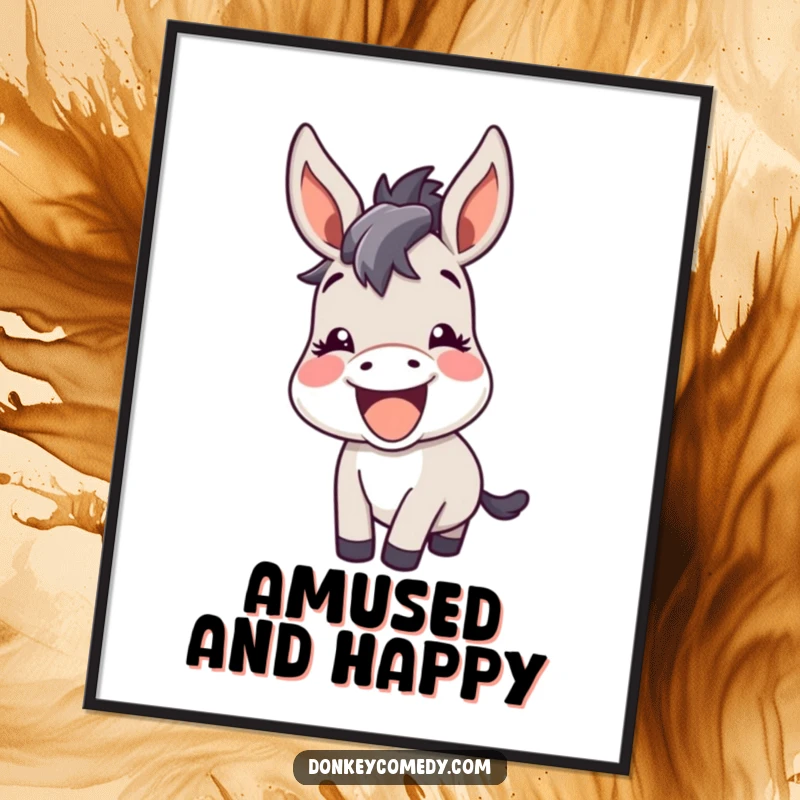 Funny kawaii donkey with perked ears, braying happily with amusement, as a digital art print.