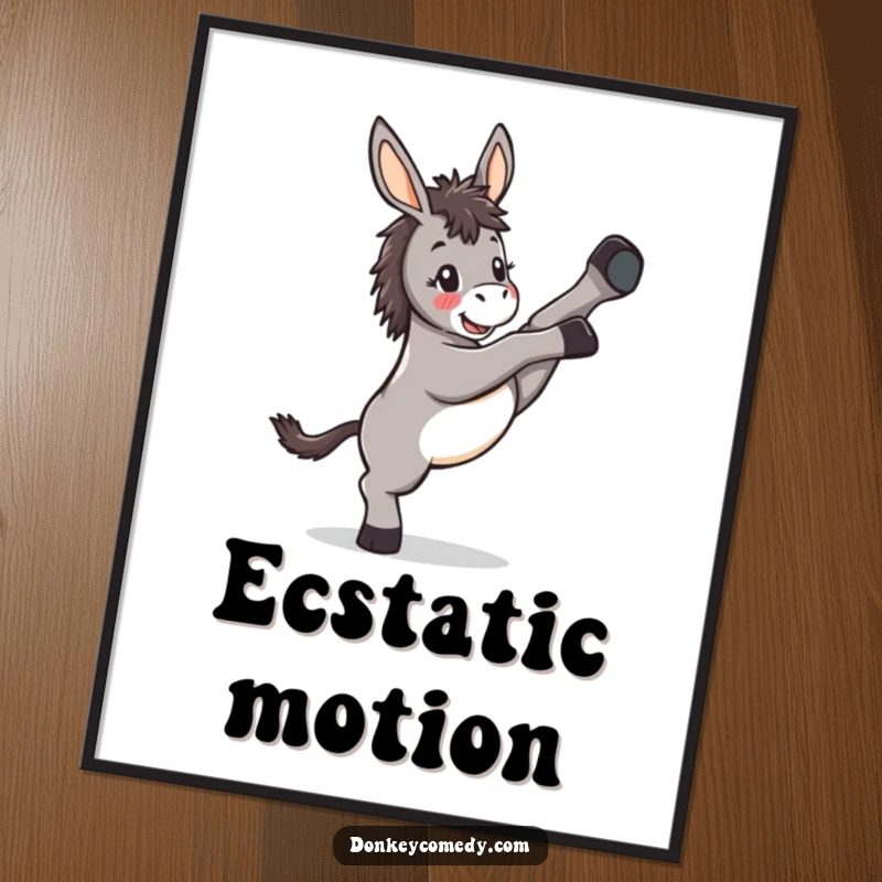 Funny Kawaii Donkey Kicking Digital Art: A printable artwork of a donkey kicking its legs high, bringing instant joy and humor.