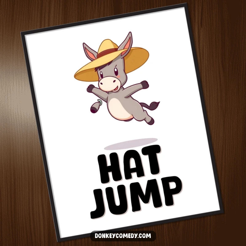 Funny bouncy donkey wearing a straw hat, jumping high, as a printable digital art piece, perfect for a humorous gift.