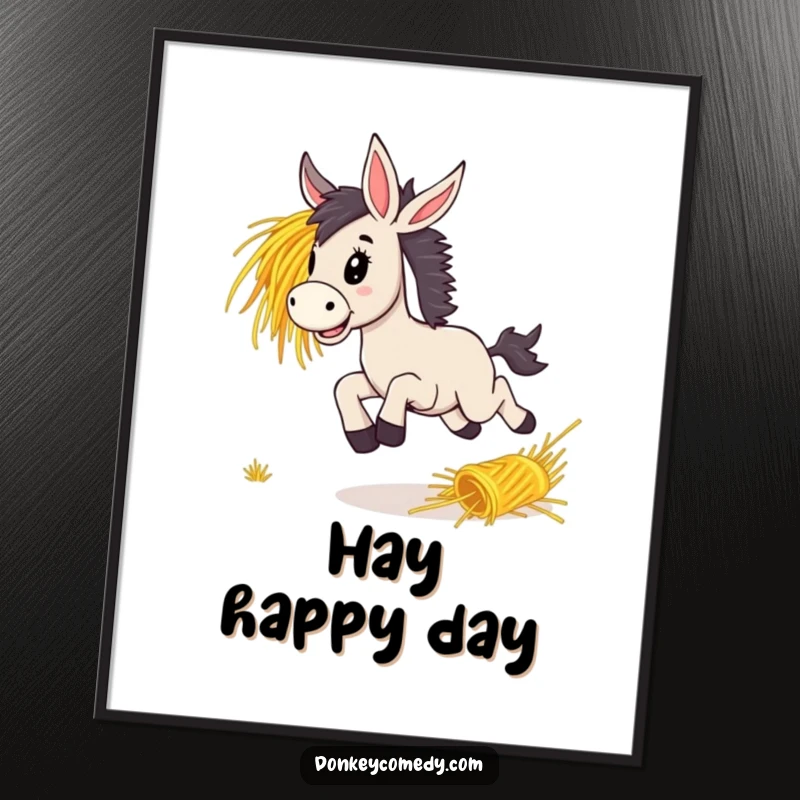 Funny donkey bounding with pure delight after a rolling bunch of hay, a dynamic and energetic digital art print.