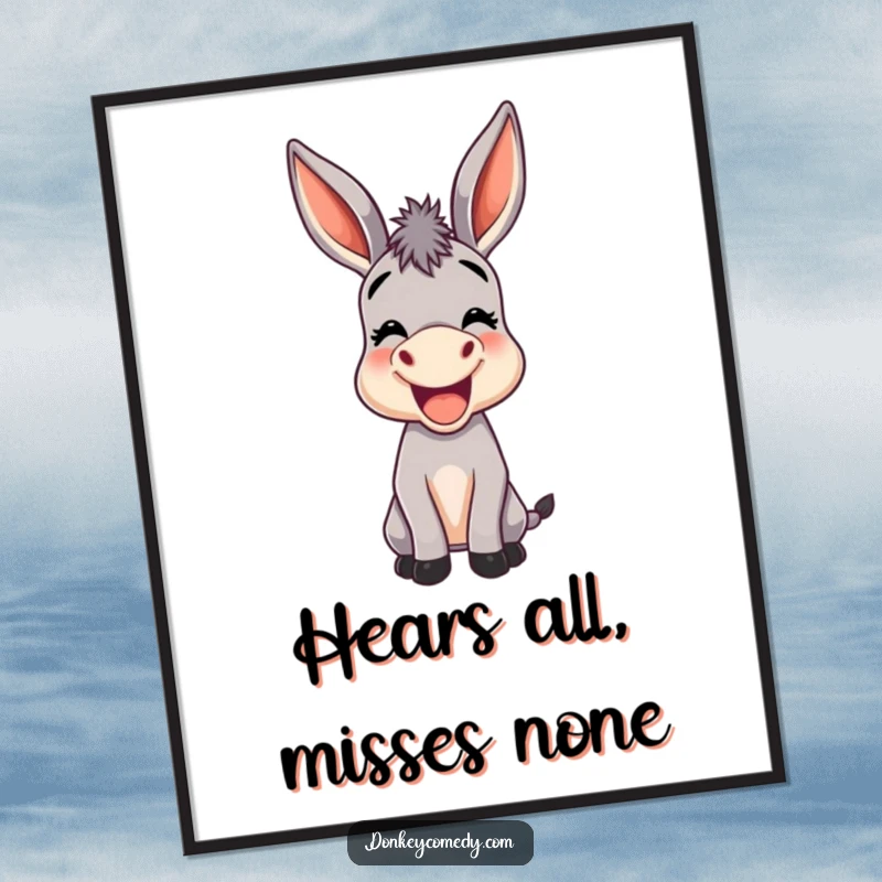 Funny digital art print of a joyful donkey with oversized ears braying, a humorous and spirited decor piece.