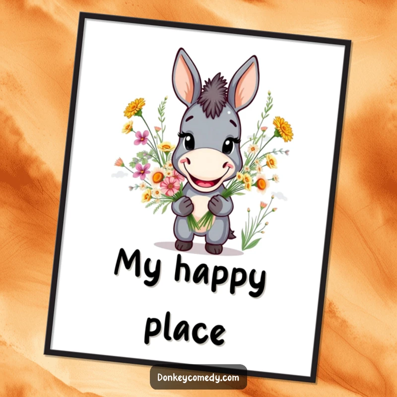 Funny digital art print of a donkey with a wide grin holding a bouquet of wildflowers, ready for download.