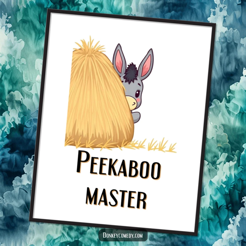 Funny digital art print of a donkey humorously peeking out from behind a large, round haystack, creating a playful scene.